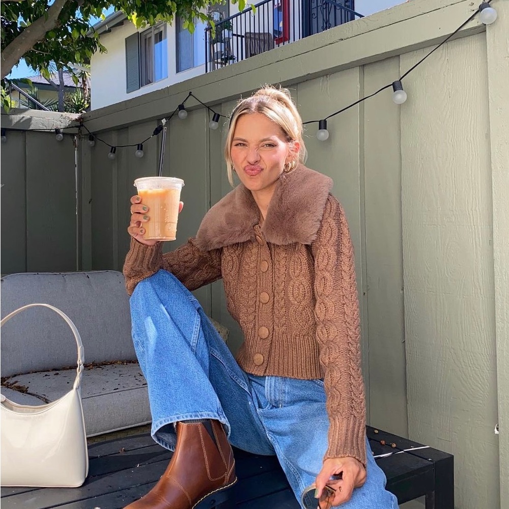 nasty gal faux fur cable knit brown cardigan